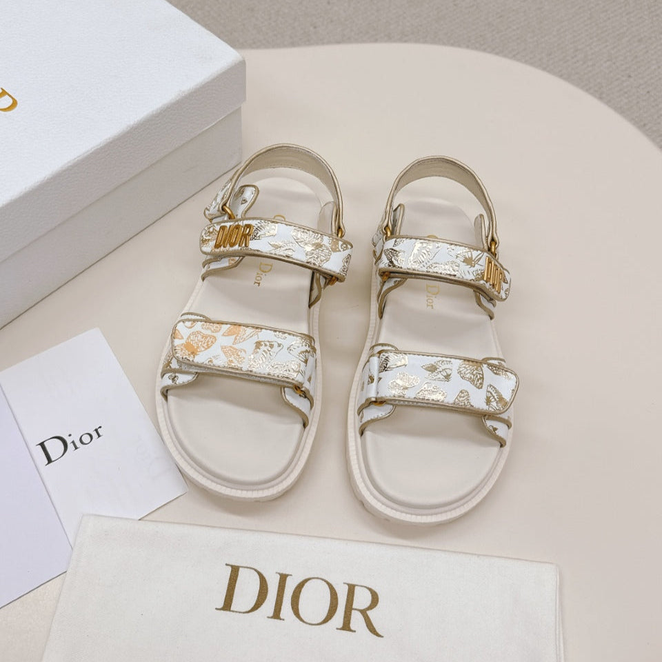 DIOR BACK-STRAP SANDALS 25S IN CREAM WHITE AND GOLD CALFSKIN WITH BUTTERFLY MOTIF