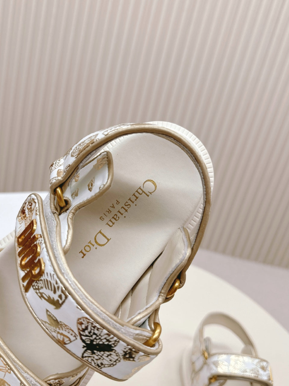 DIOR BACK-STRAP SANDALS 25S IN CREAM WHITE AND GOLD CALFSKIN WITH BUTTERFLY MOTIF