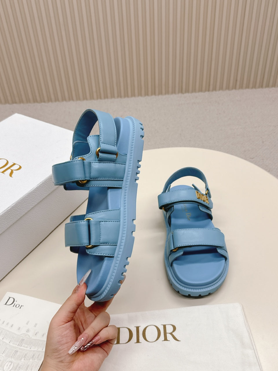DIOR BACK-STRAP SANDALS 25S IN OCEAN BLUE CALFSKIN WITH GOLD HARDWARE