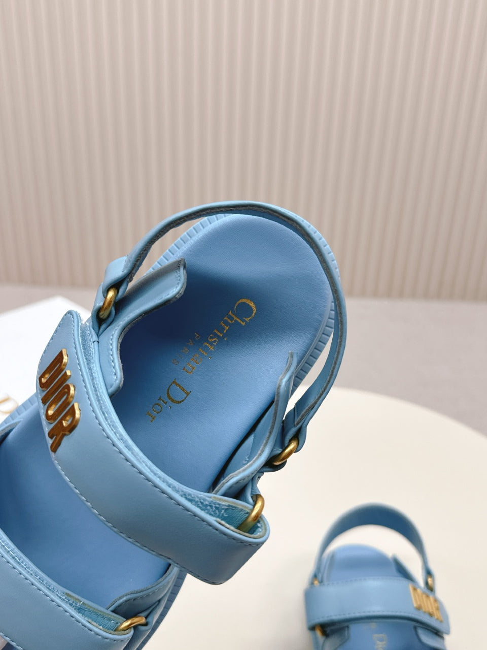 DIOR BACK-STRAP SANDALS 25S IN OCEAN BLUE CALFSKIN WITH GOLD HARDWARE