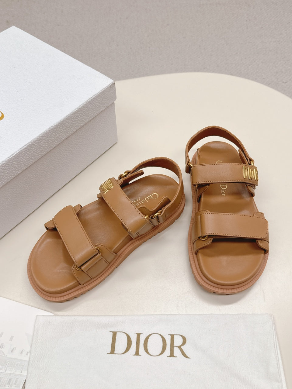 DIOR BACK-STRAP SANDALS 25S IN BROWN CALFSKIN WITH GOLD HARDWARE