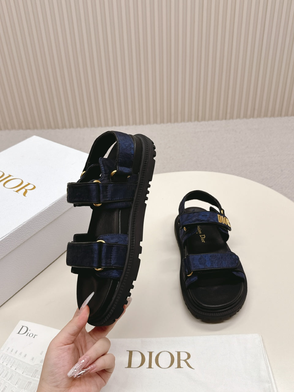 DIOR BACK-STRAP SANDALS 25S IN MIDNIGHT BLUE FABRIC AND BLACK CALFSKIN WITH GOLD HARDWARE