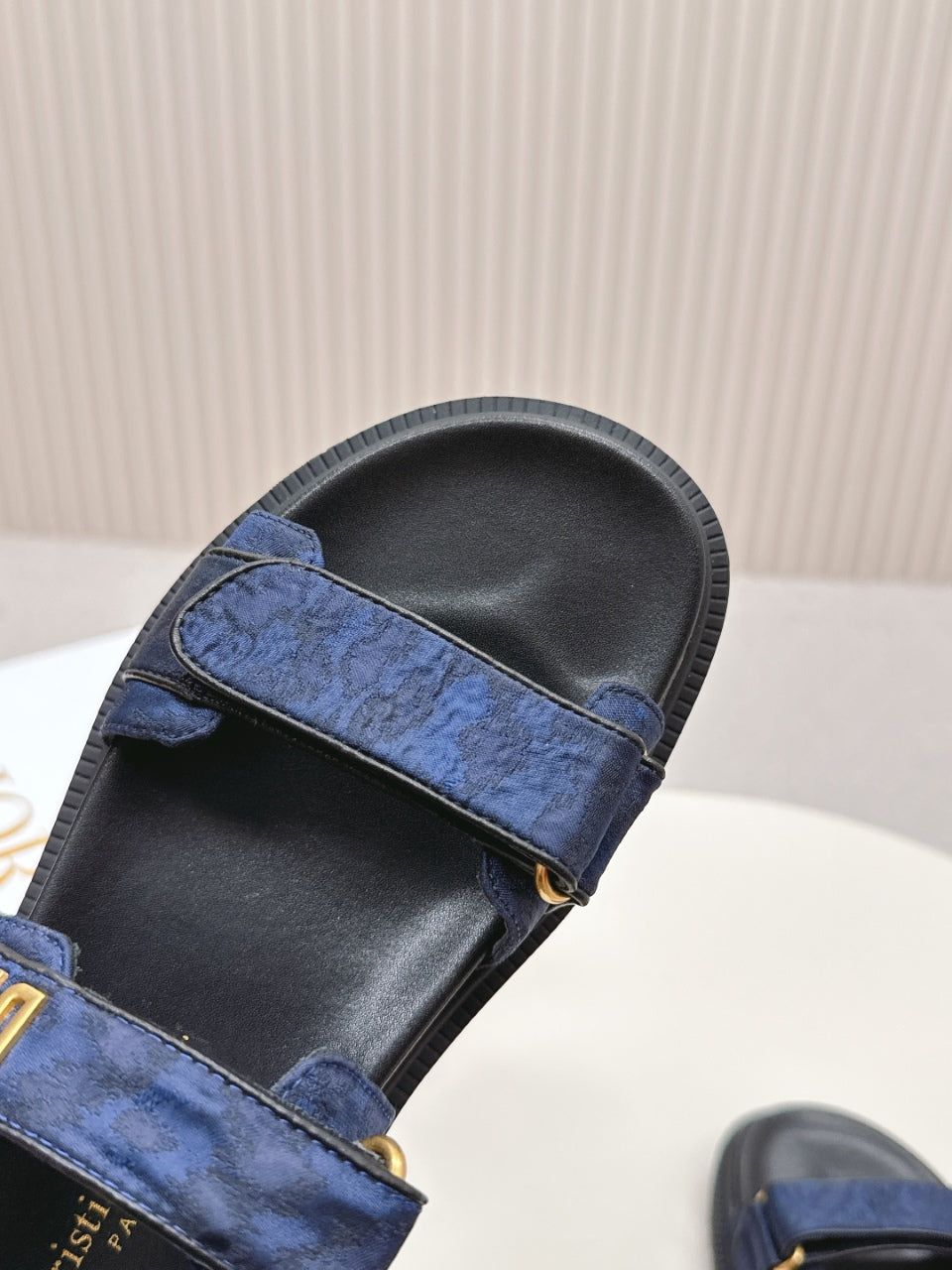 DIOR BACK-STRAP SANDALS 25S IN MIDNIGHT BLUE FABRIC AND BLACK CALFSKIN WITH GOLD HARDWARE