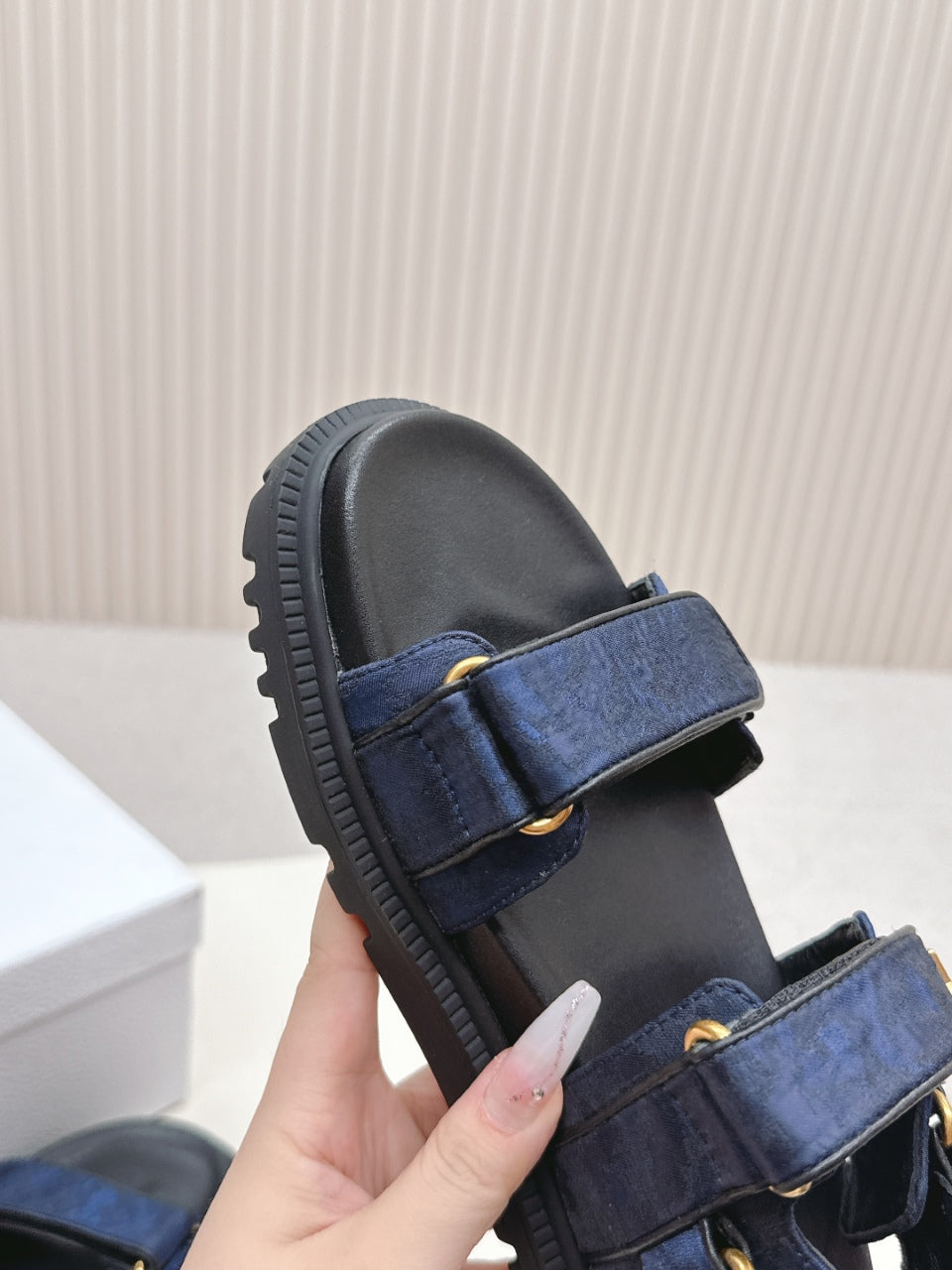 DIOR BACK-STRAP SANDALS 25S IN MIDNIGHT BLUE FABRIC AND BLACK CALFSKIN WITH GOLD HARDWARE