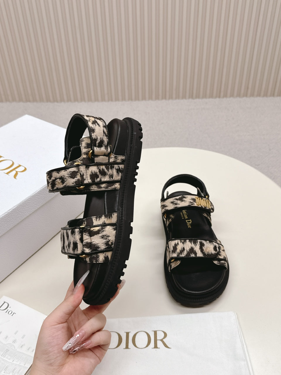 DIOR BACK-STRAP SANDALS 25S IN BLACK MIX LEOPARD PRINT FABRIC AND CALFSKIN WITH GOLD HARDWARE