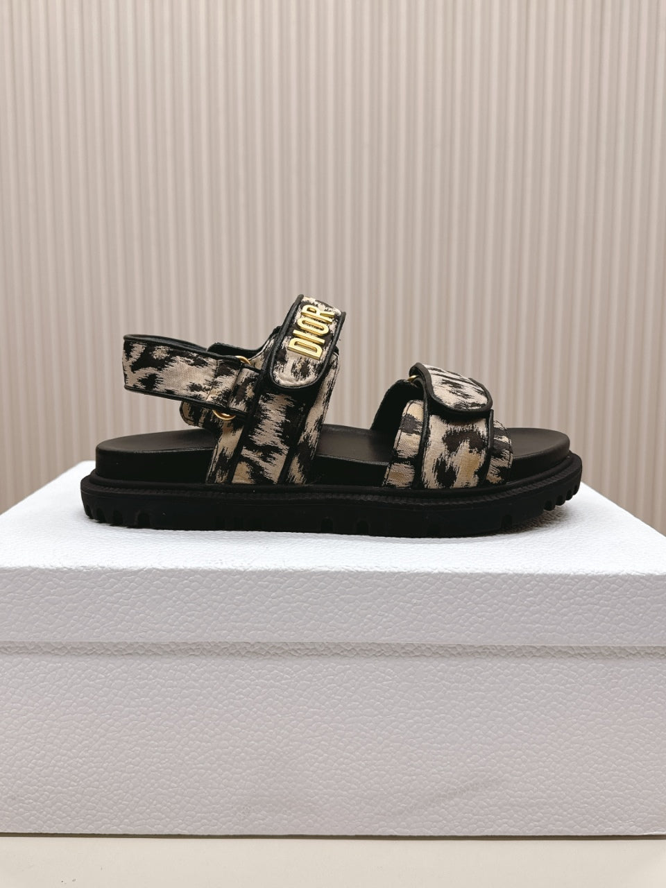 DIOR BACK-STRAP SANDALS 25S IN BLACK MIX LEOPARD PRINT FABRIC AND CALFSKIN WITH GOLD HARDWARE