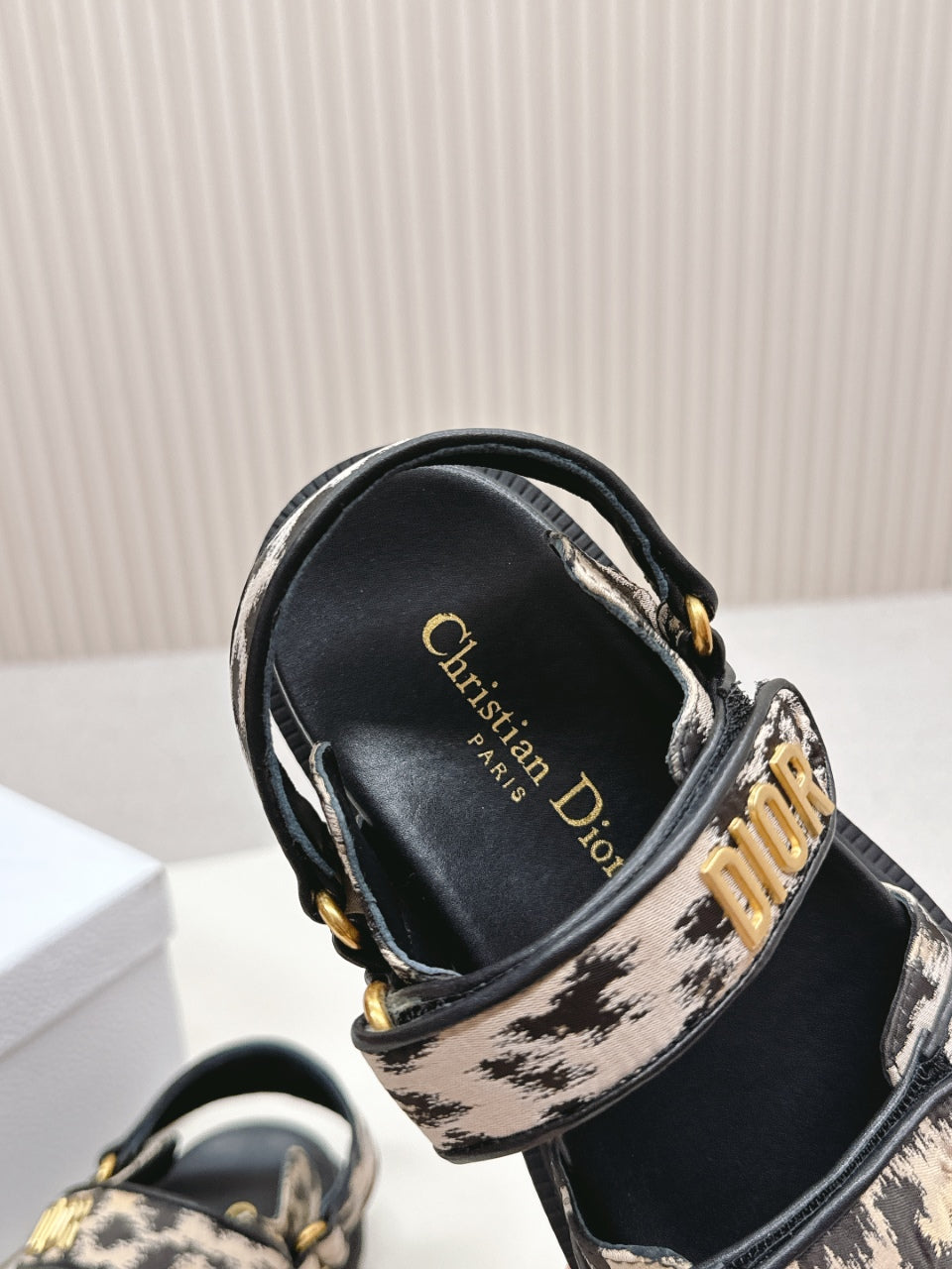DIOR BACK-STRAP SANDALS 25S IN BLACK MIX LEOPARD PRINT FABRIC AND CALFSKIN WITH GOLD HARDWARE