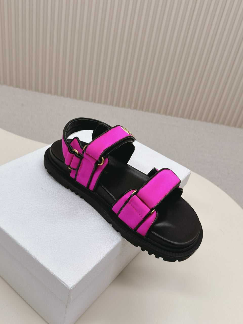 DIOR BACK-STRAP SANDALS 25S IN DARK PINK FABRIC AND BLACK CALFSKIN WITH GOLD HARDWARE