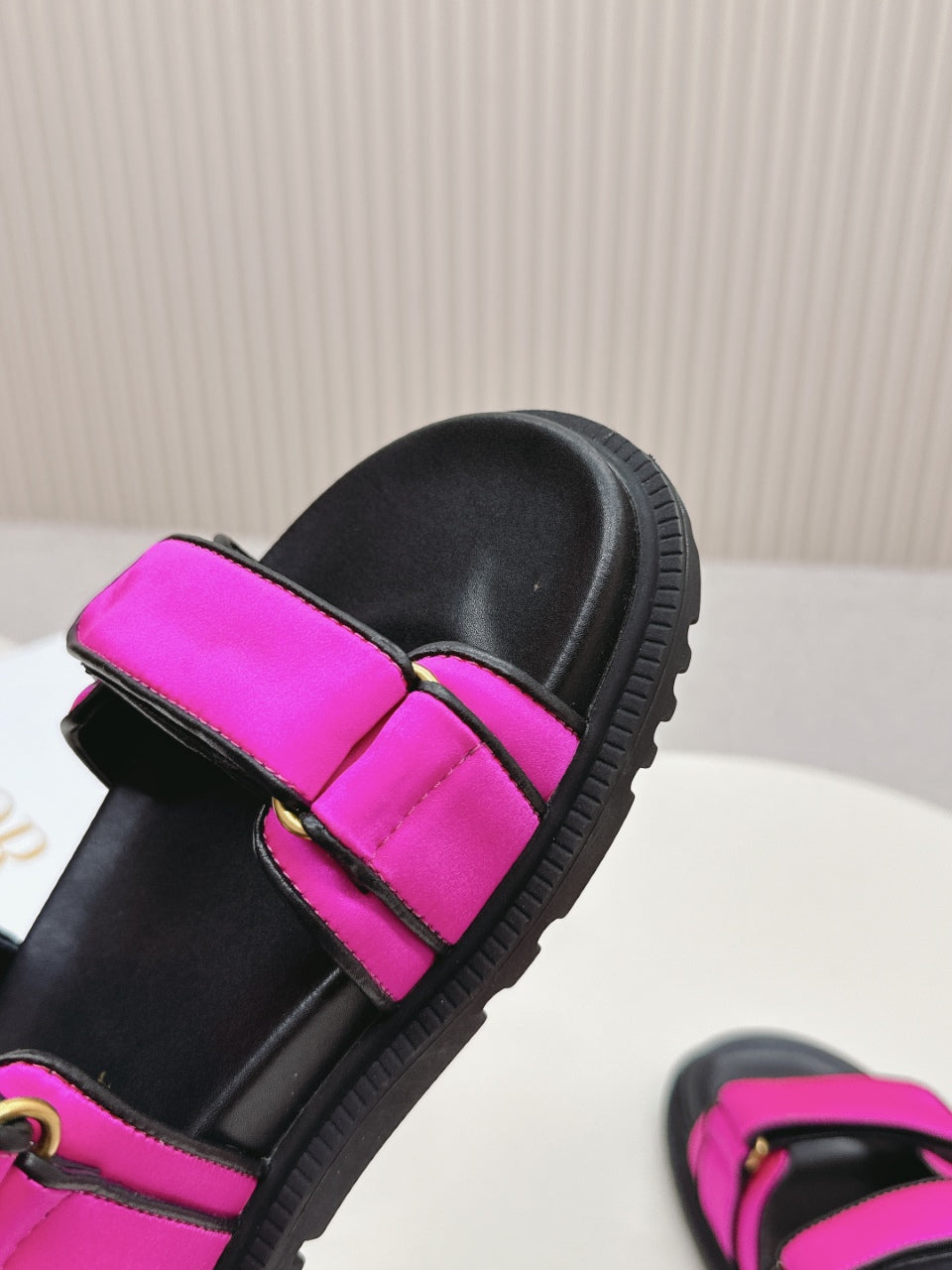 DIOR BACK-STRAP SANDALS 25S IN DARK PINK FABRIC AND BLACK CALFSKIN WITH GOLD HARDWARE