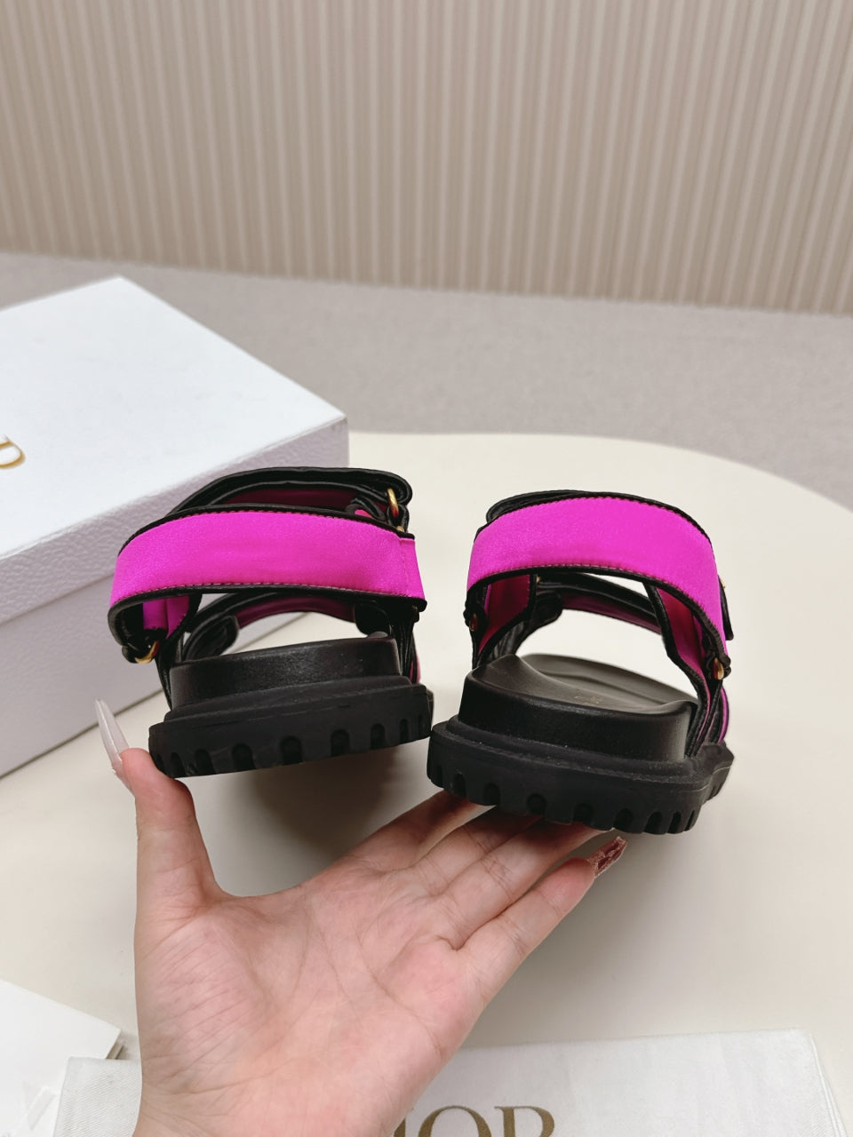 DIOR BACK-STRAP SANDALS 25S IN DARK PINK FABRIC AND BLACK CALFSKIN WITH GOLD HARDWARE