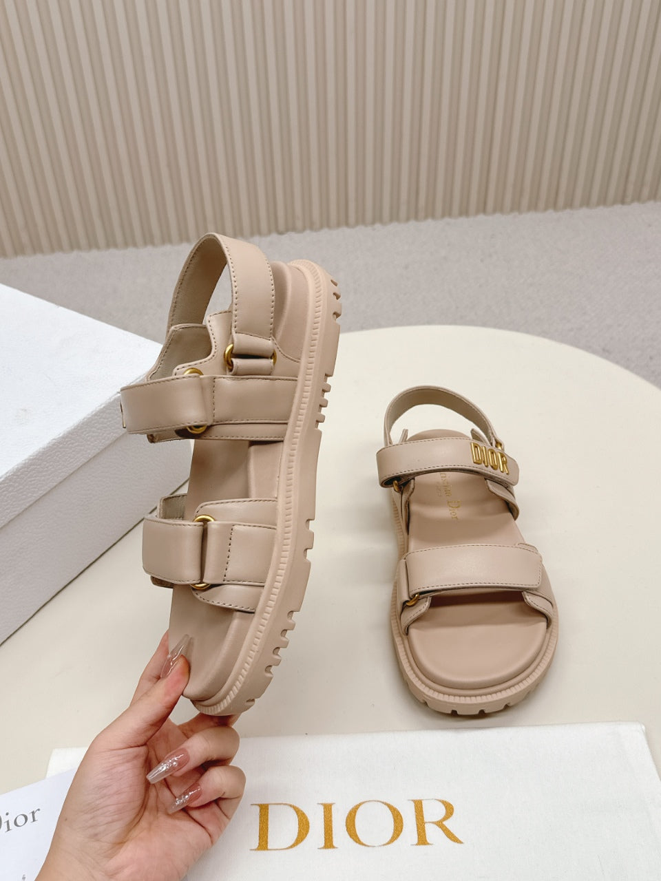 DIOR BACK-STRAP SANDALS 25S IN BEIGE CALFSKIN WITH GOLD HARDWARE