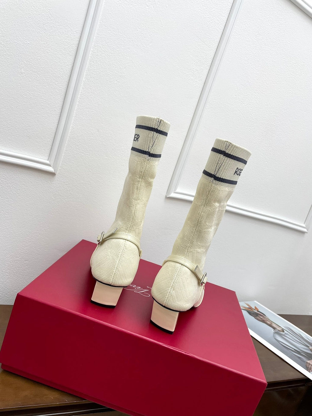 BELLE VIVIER SOCK LACQUERED BUCKLE ANKLE BOOTS IN OFF WHITE CALFSKIN AND TECHNICAL FABRIC