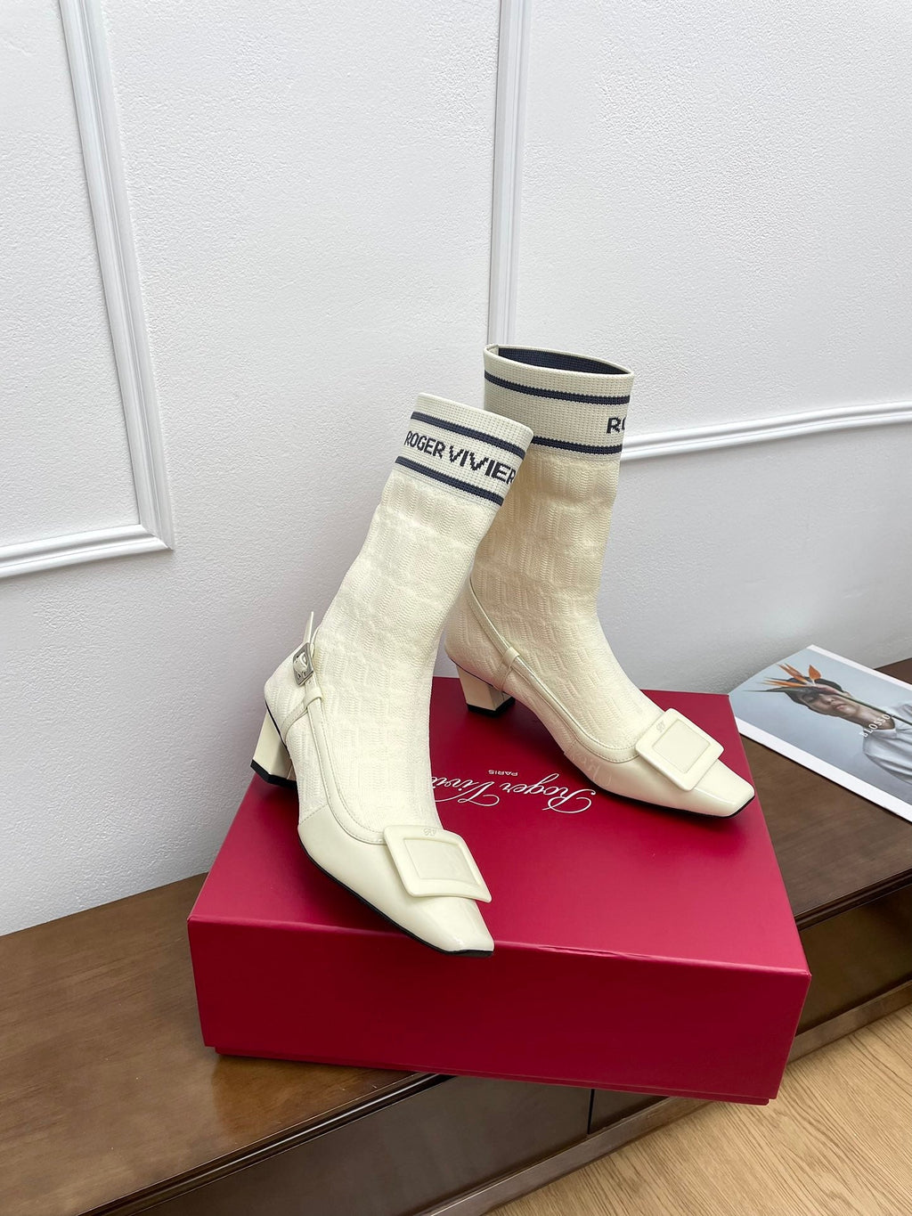 BELLE VIVIER SOCK LACQUERED BUCKLE ANKLE BOOTS IN OFF WHITE CALFSKIN AND TECHNICAL FABRIC