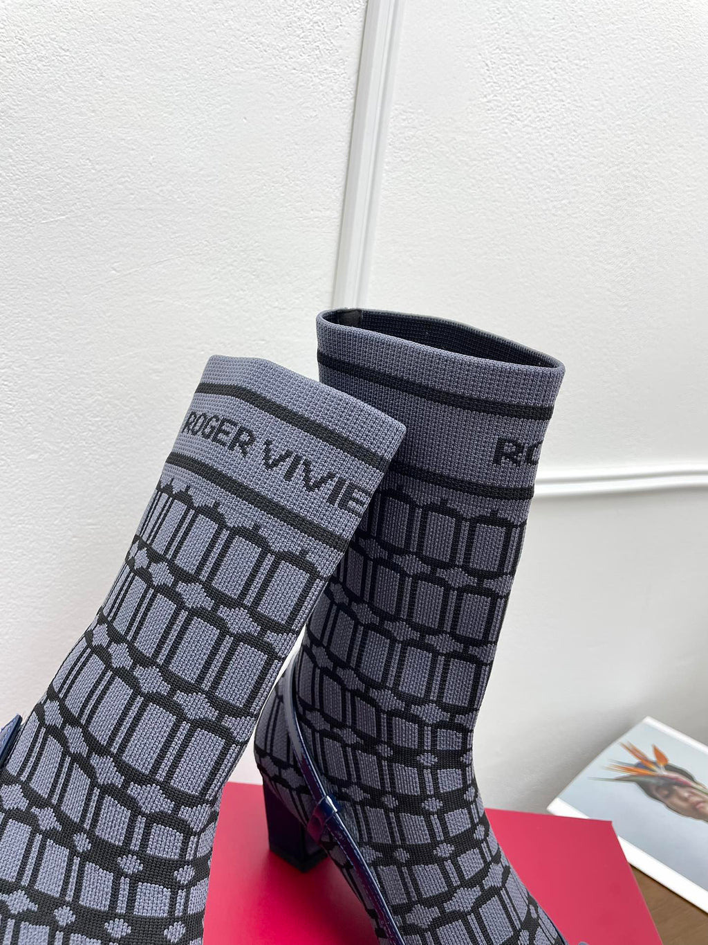 BELLE VIVIER SOCK LACQUERED BUCKLE ANKLE BOOTS IN NAVY BLUE CALFSKIN AND TECHNICAL FABRIC