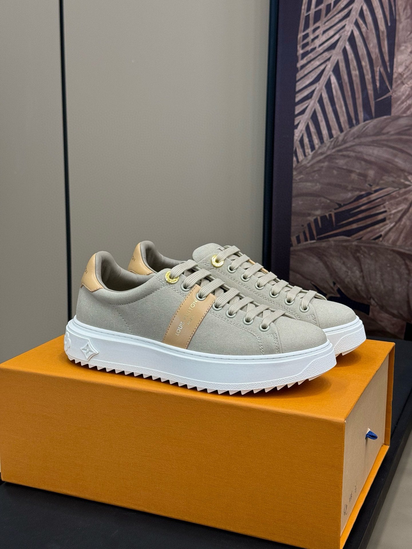 LV TIME OUT SNEAKER IN PASTEL GRAY MIX MACAROON GOLD CANVAS