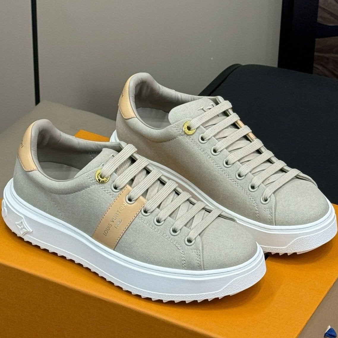LV TIME OUT SNEAKER IN PASTEL GRAY MIX MACAROON GOLD CANVAS