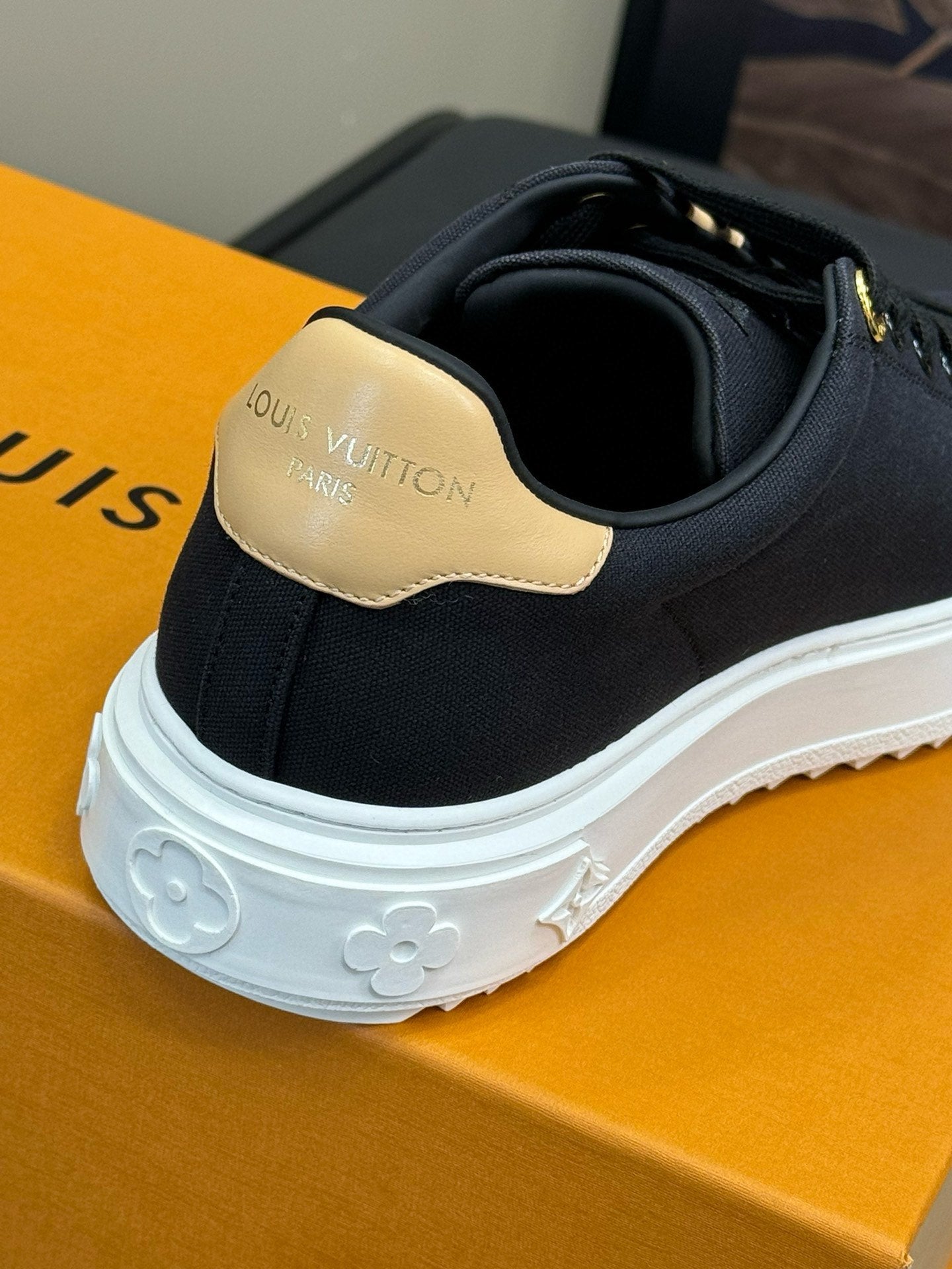 LV TIME OUT SNEAKER IN BLACK MIX MACAROON GOLD CANVAS