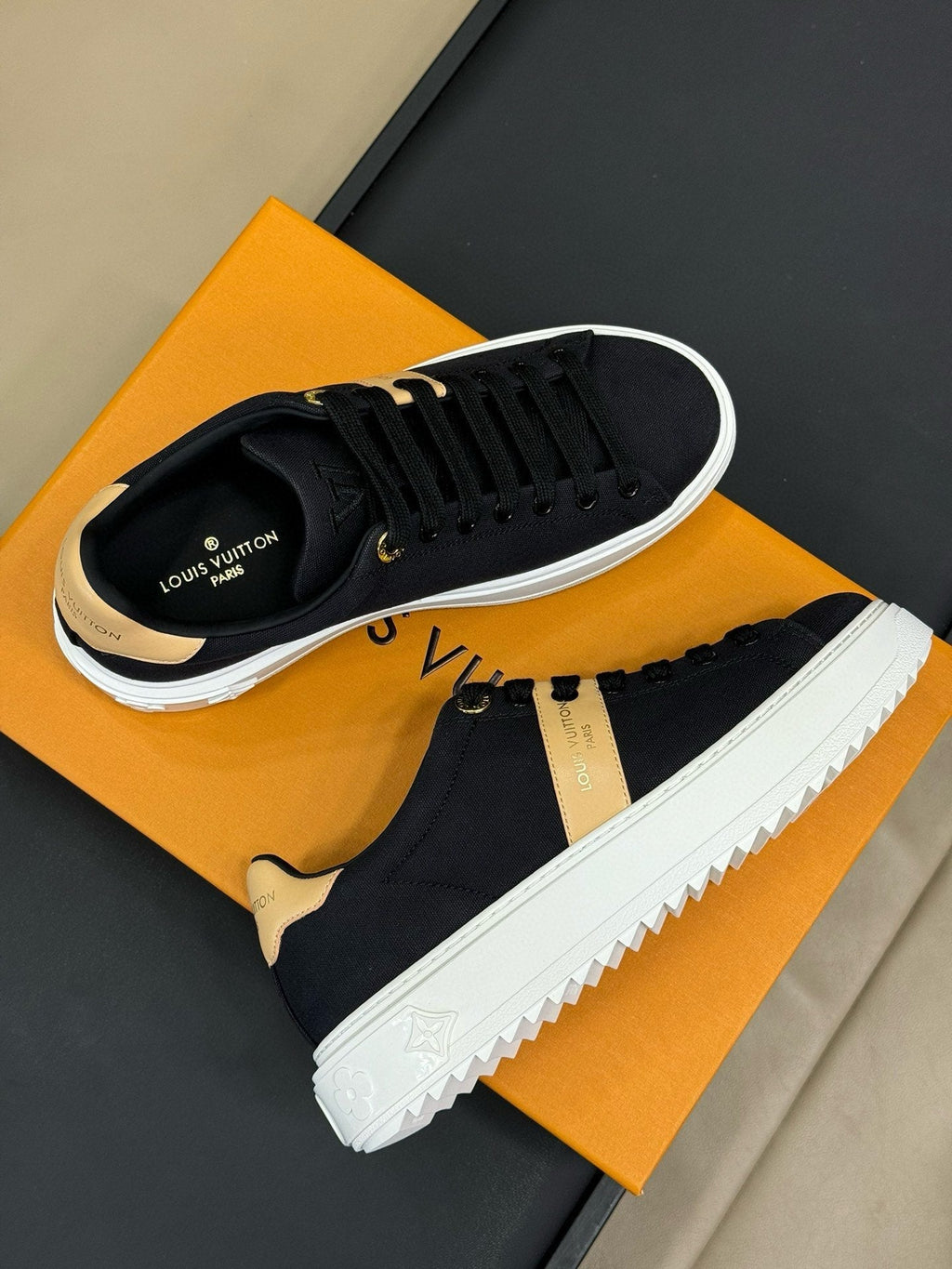 LV TIME OUT SNEAKER IN BLACK MIX MACAROON GOLD CANVAS