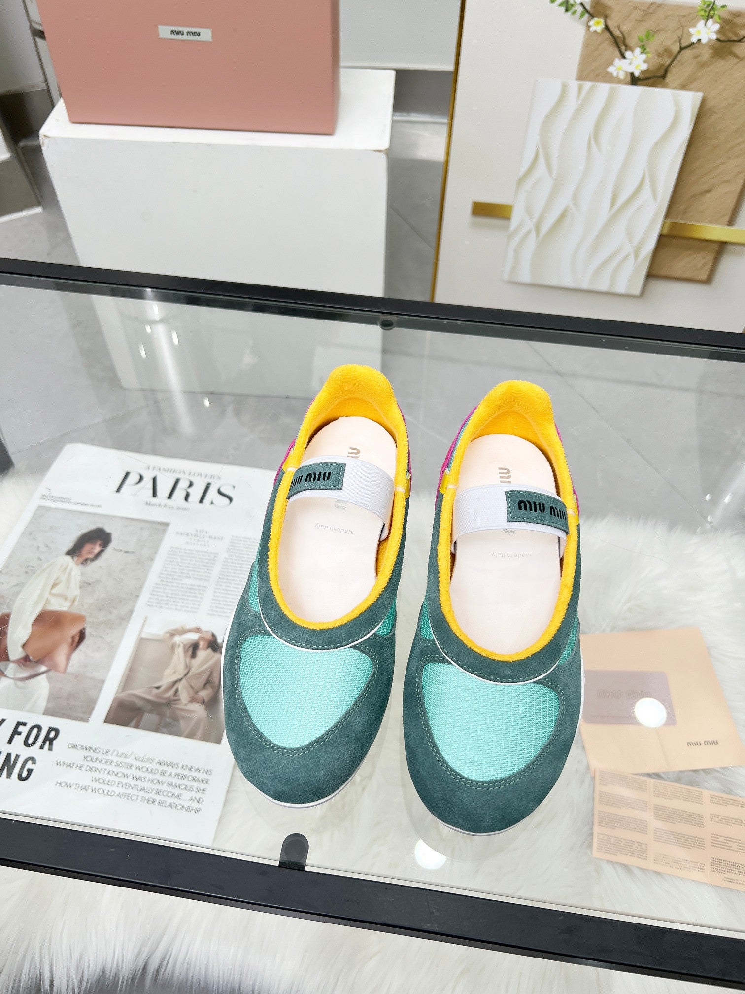 GYMNASIUM BALLERINAS IN GREEN PINK YELLOW TECHNICAL FABRIC AND SUEDE