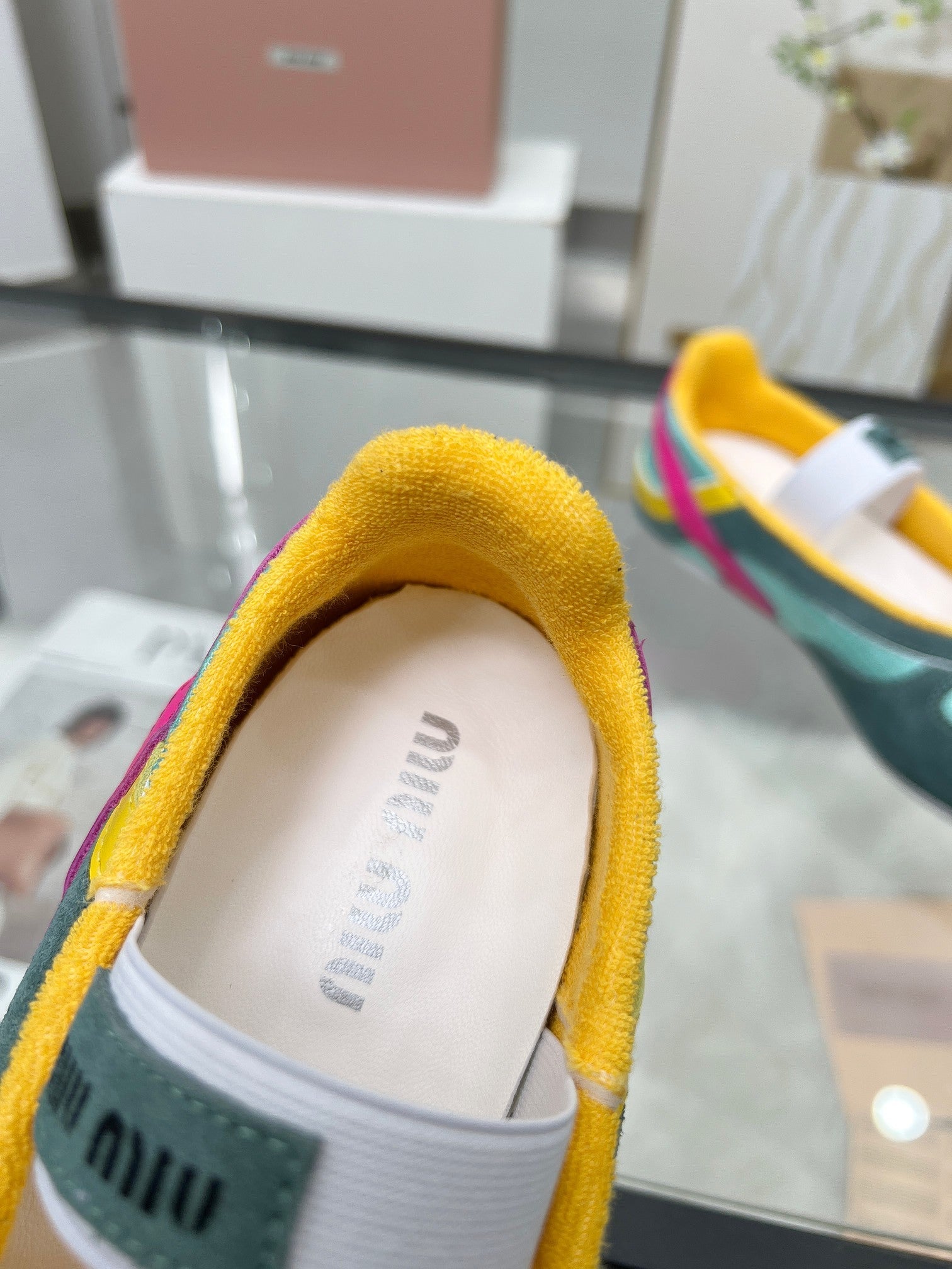 GYMNASIUM BALLERINAS IN GREEN PINK YELLOW TECHNICAL FABRIC AND SUEDE