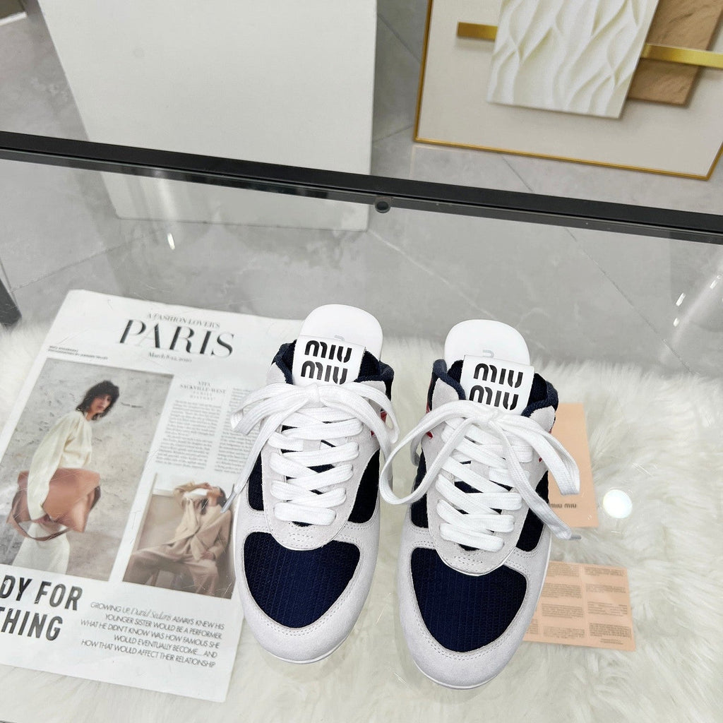 GYMNASIUM SNEAKERS MULES IN OFF WHITE SUEDE AND NAVY BLUE TECHNICAL FABRIC