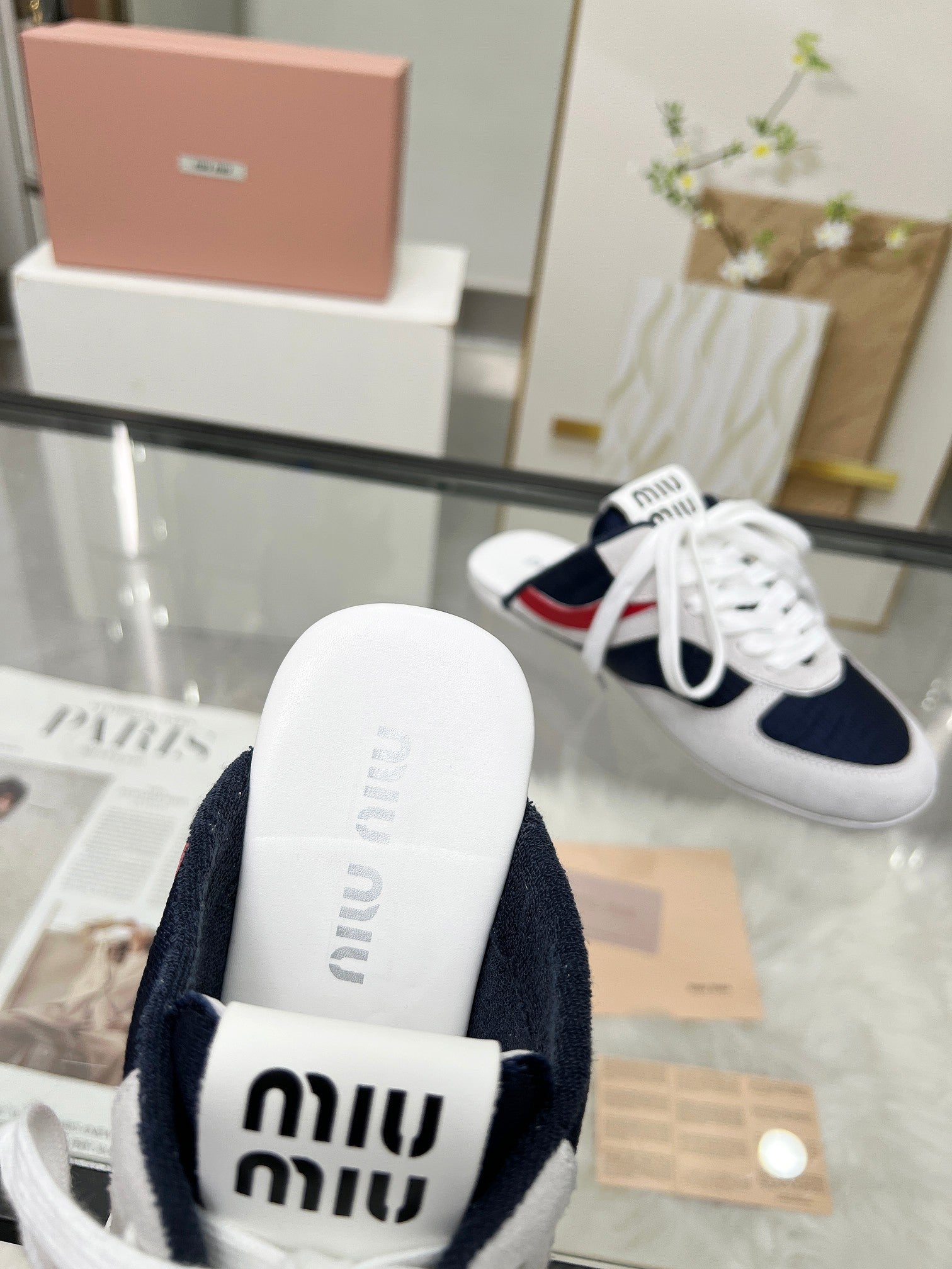GYMNASIUM SNEAKERS MULES IN OFF WHITE SUEDE AND NAVY BLUE TECHNICAL FABRIC