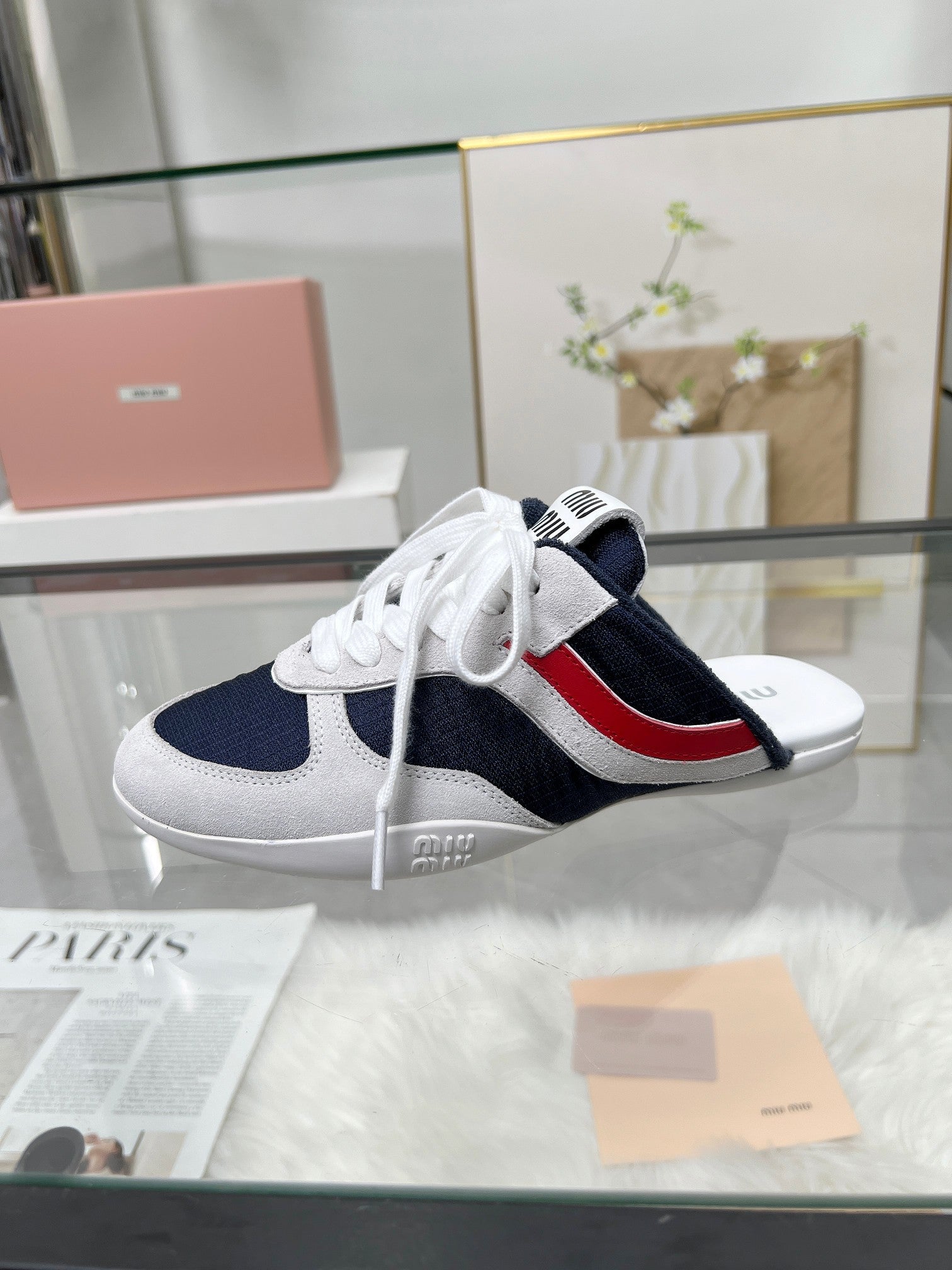 GYMNASIUM SNEAKERS MULES IN OFF WHITE SUEDE AND NAVY BLUE TECHNICAL FABRIC