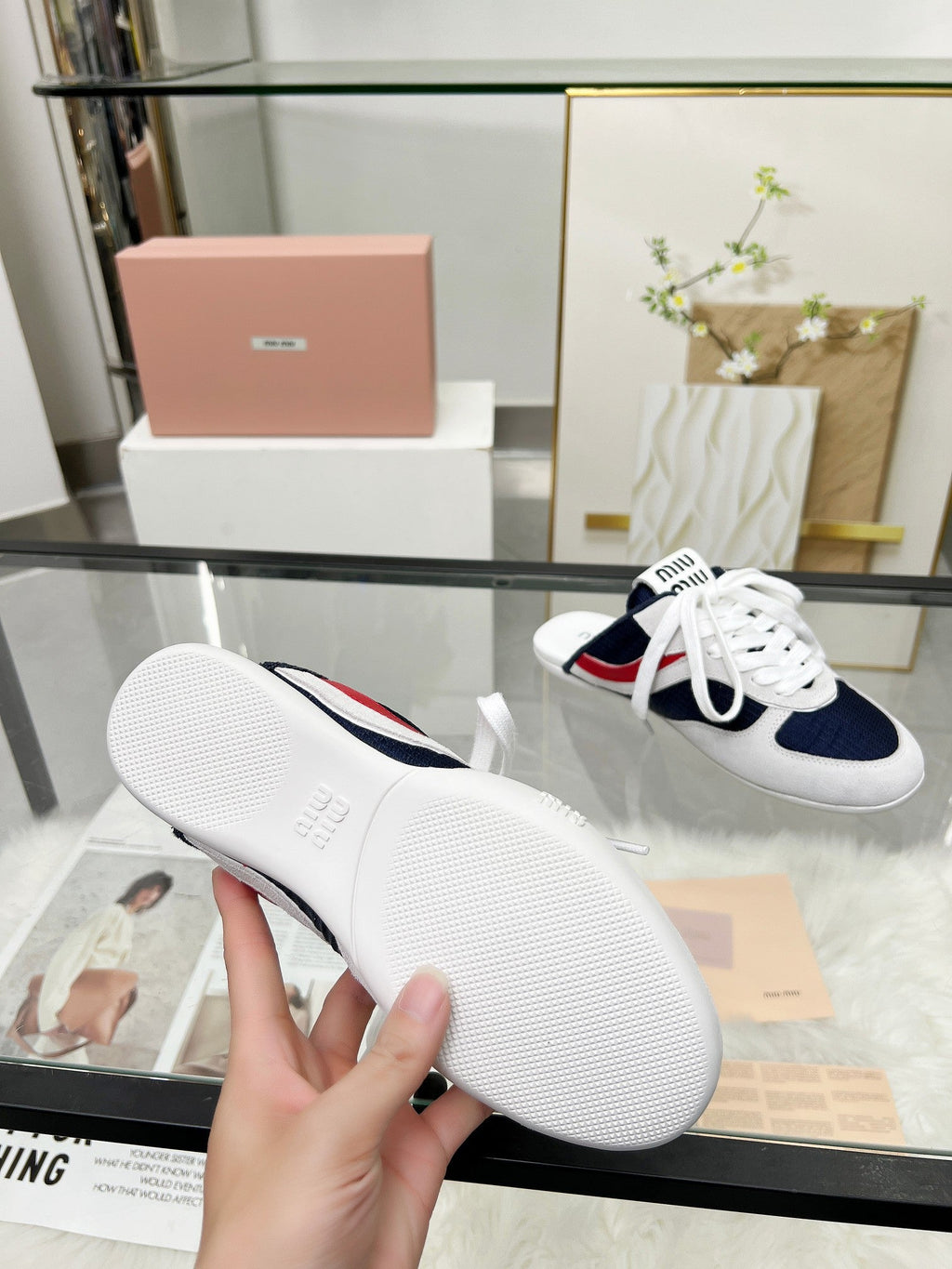 GYMNASIUM SNEAKERS MULES IN OFF WHITE SUEDE AND NAVY BLUE TECHNICAL FABRIC
