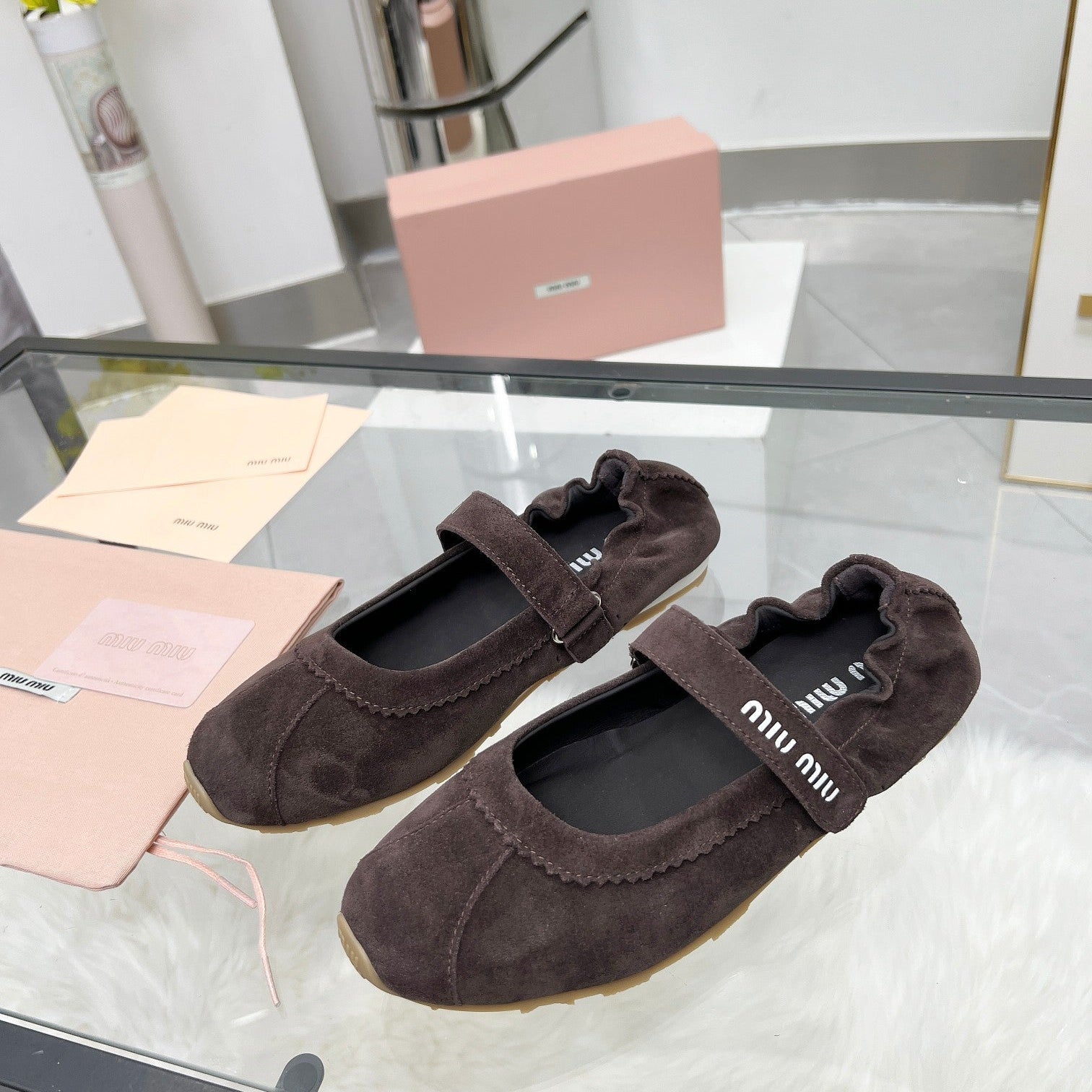 RUCHES NAPPA BALLERINAS IN DARK BROWN SUEDE