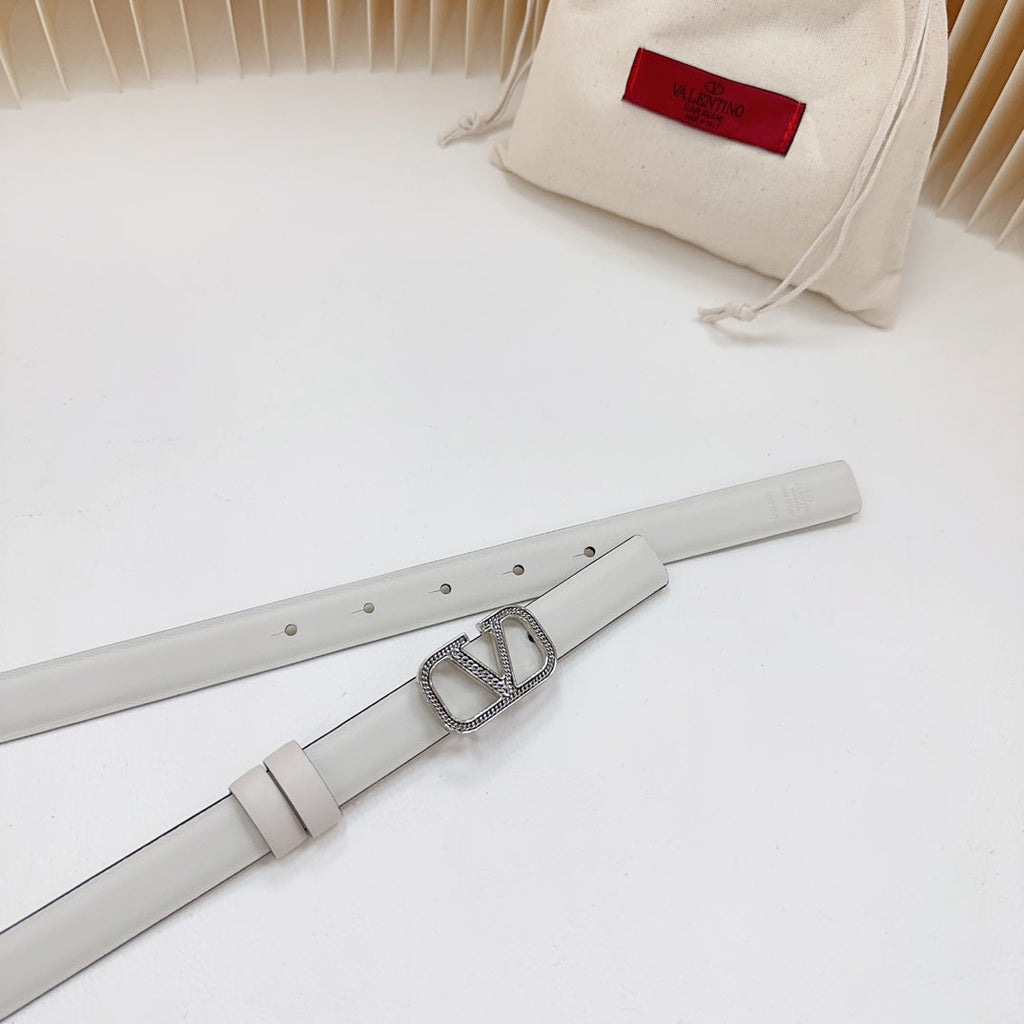 Vlogo Buckle Water Wave Silver Copper Glossy White Leather 20mm Belt