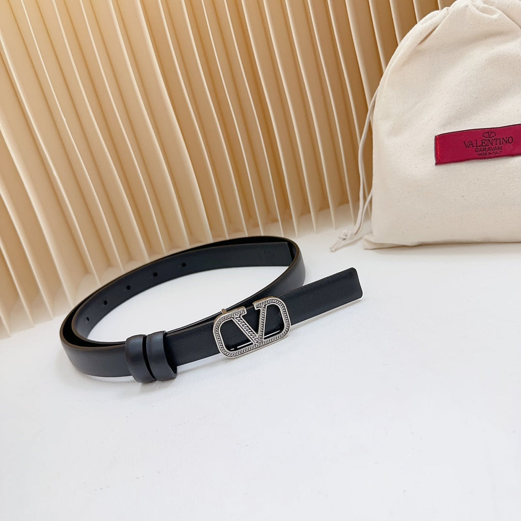 Vlogo Buckle Water Wave Silver Copper Glossy Black Leather 20mm Belt