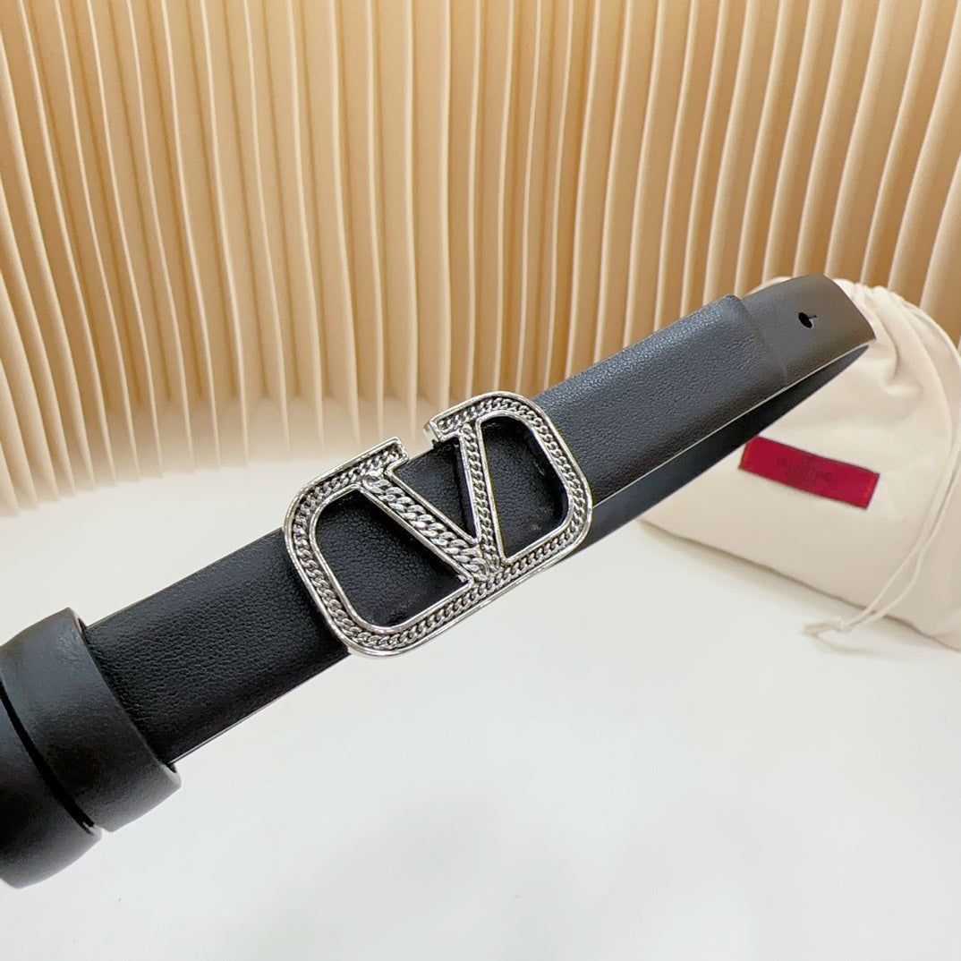 Vlogo Buckle Water Wave Silver Copper Glossy Black Leather 20mm Belt