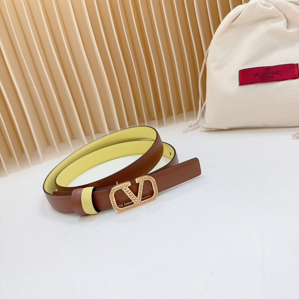 Vlogo Buckle Water Wave Gold Copper Glossy Brown Yellow Leather 20mm Belt