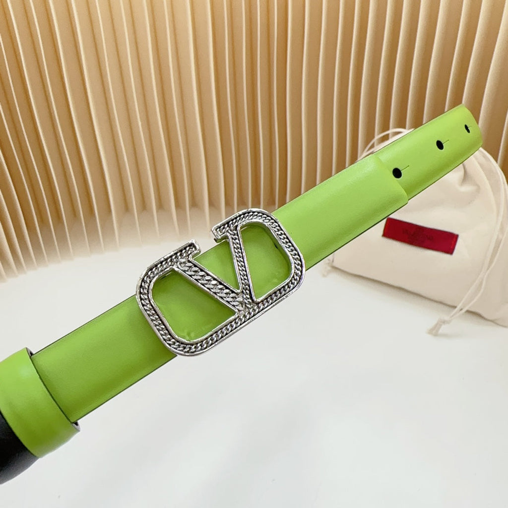 Vlogo Buckle Water Wave Silver Copper Glossy Green Black Leather 20mm Belt