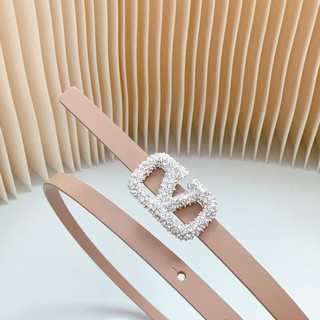 VL Belt 8mm Buckle Silver Diamond Leather Beige