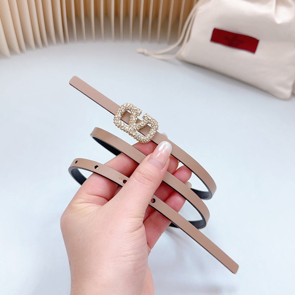 VL Belt 8mm Buckle Gold Diamond Leather Beige Black