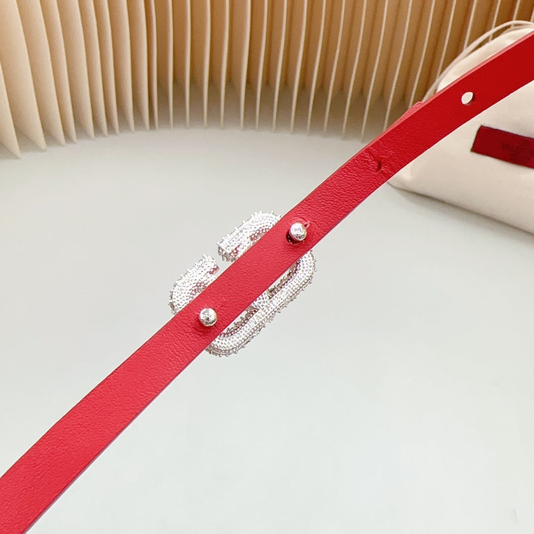 VL Belt 8mm Buckle Silver Diamond Leather Red