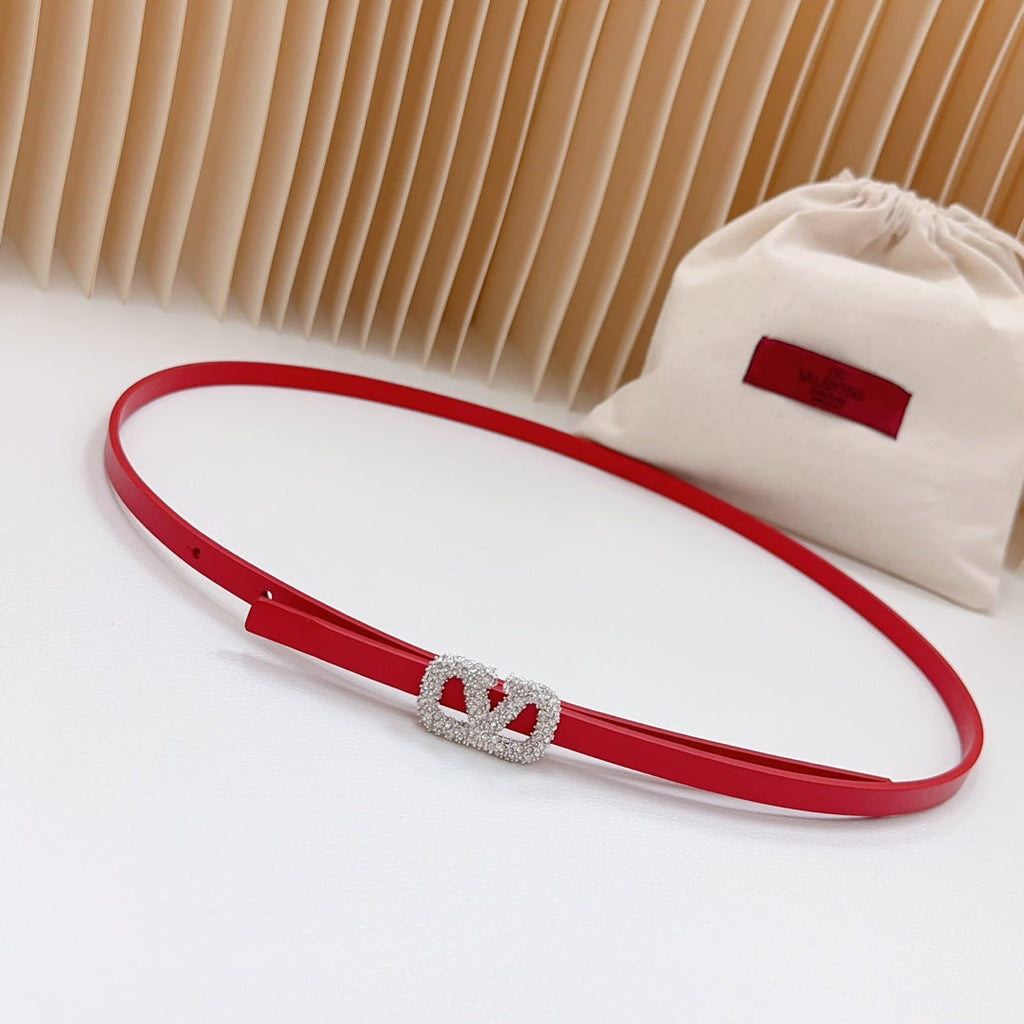 VL Belt 8mm Buckle Silver Diamond Leather Red