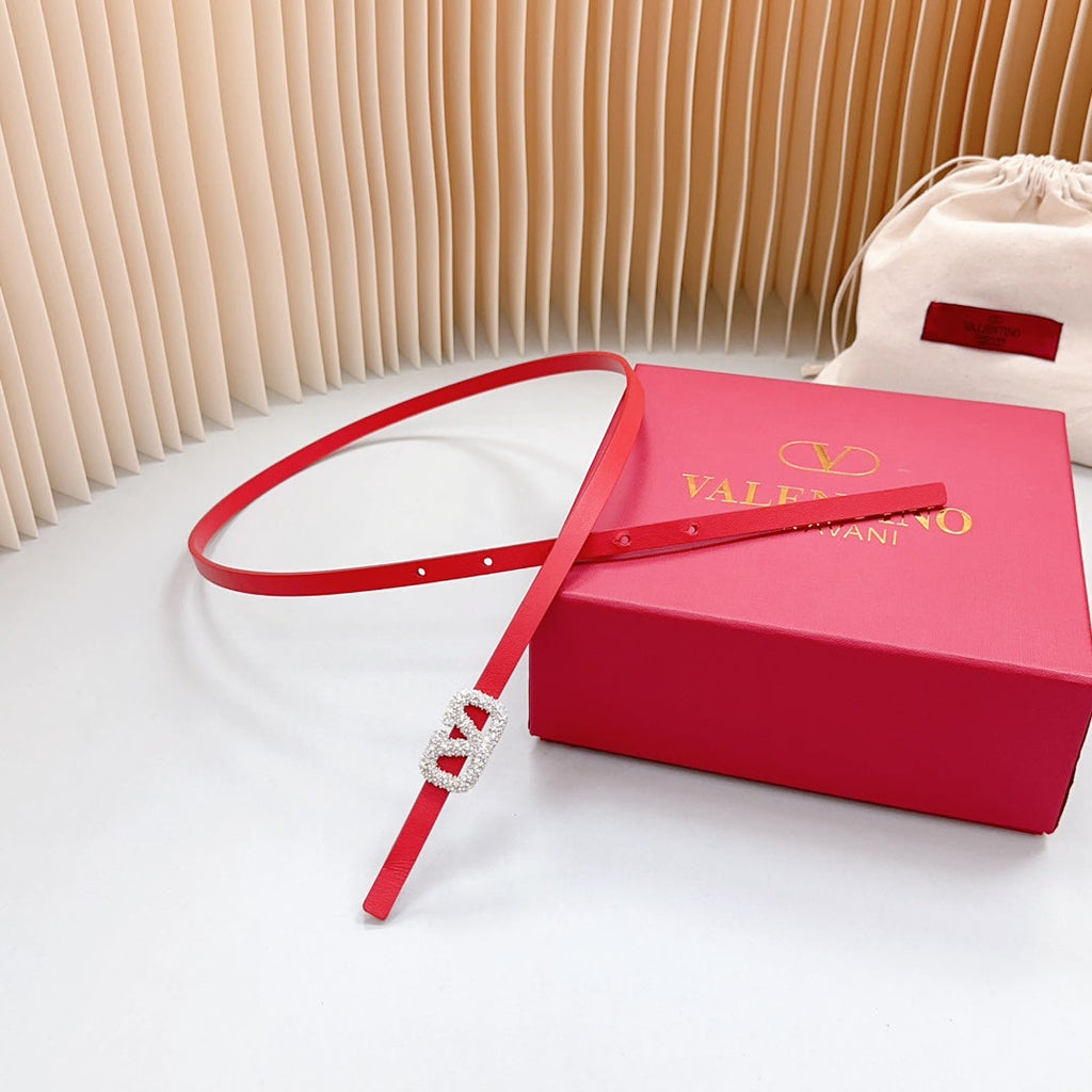 VL Belt 8mm Buckle Silver Diamond Leather Red