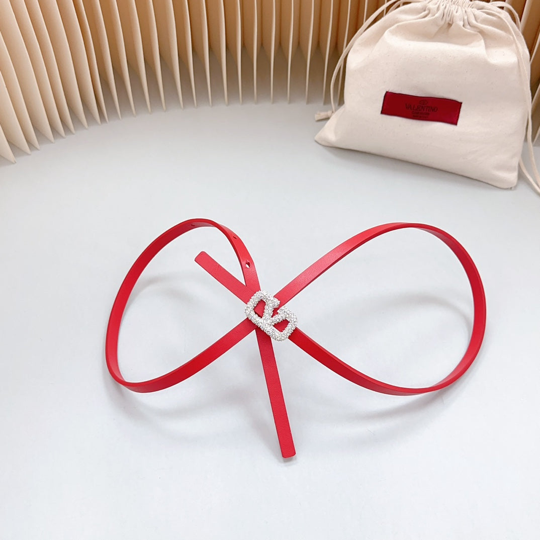 VL Belt 8mm Buckle Silver Diamond Leather Red