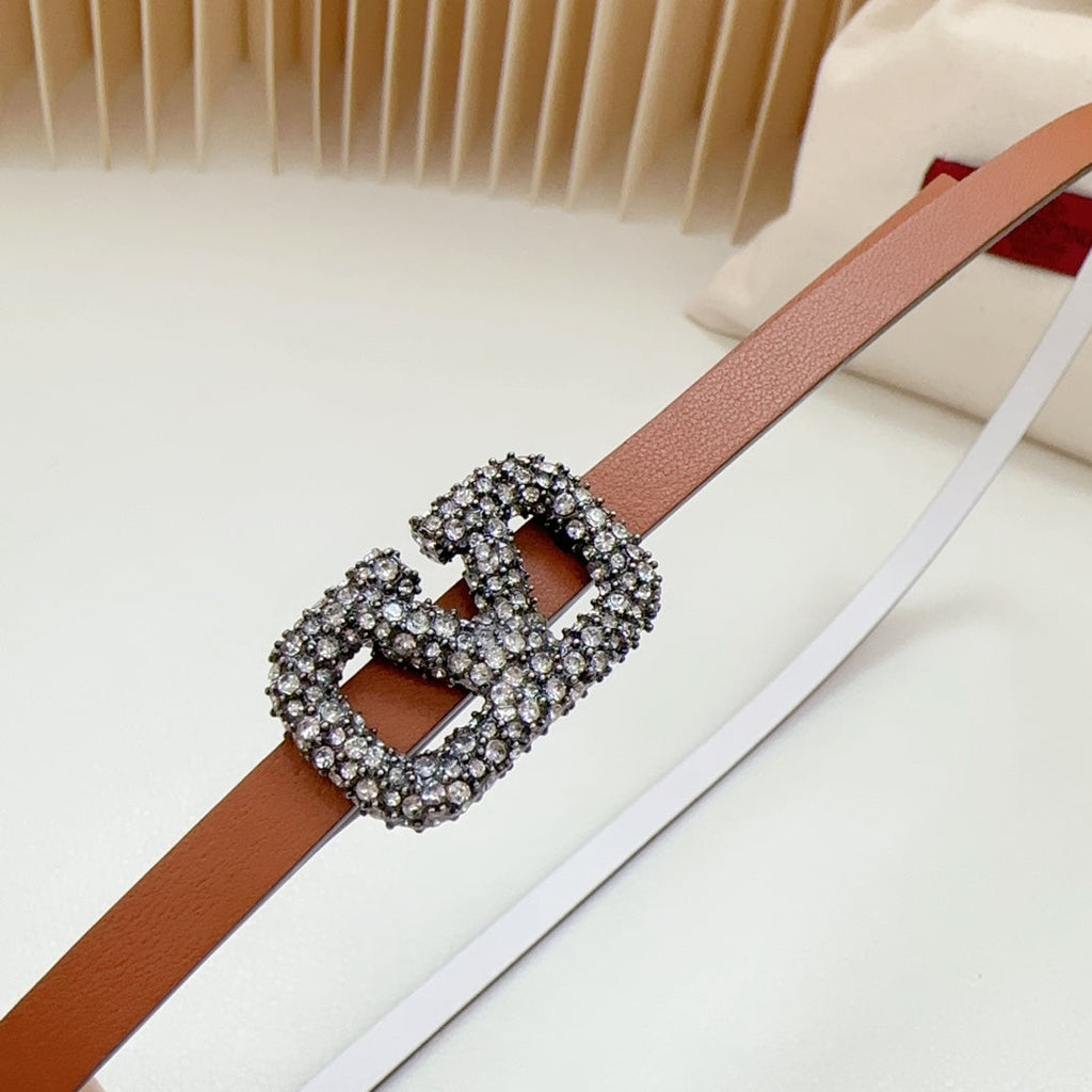 VL Belt 8mm Buckle Silver Diamond Leather Tan White