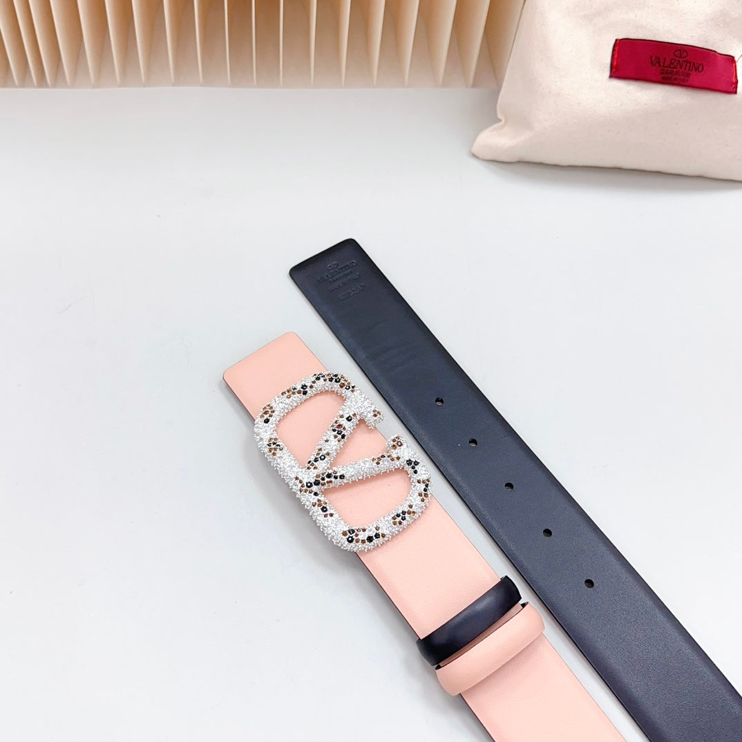 Vlogo Brown Black White Stone Silver Buckle Belt 40mm Black Light Pink Leather