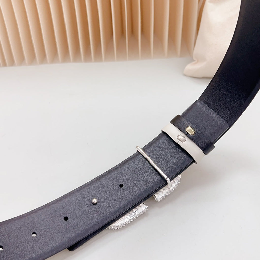 Vlogo Brown Black White Stone Silver Buckle Belt 40mm Black White Leather