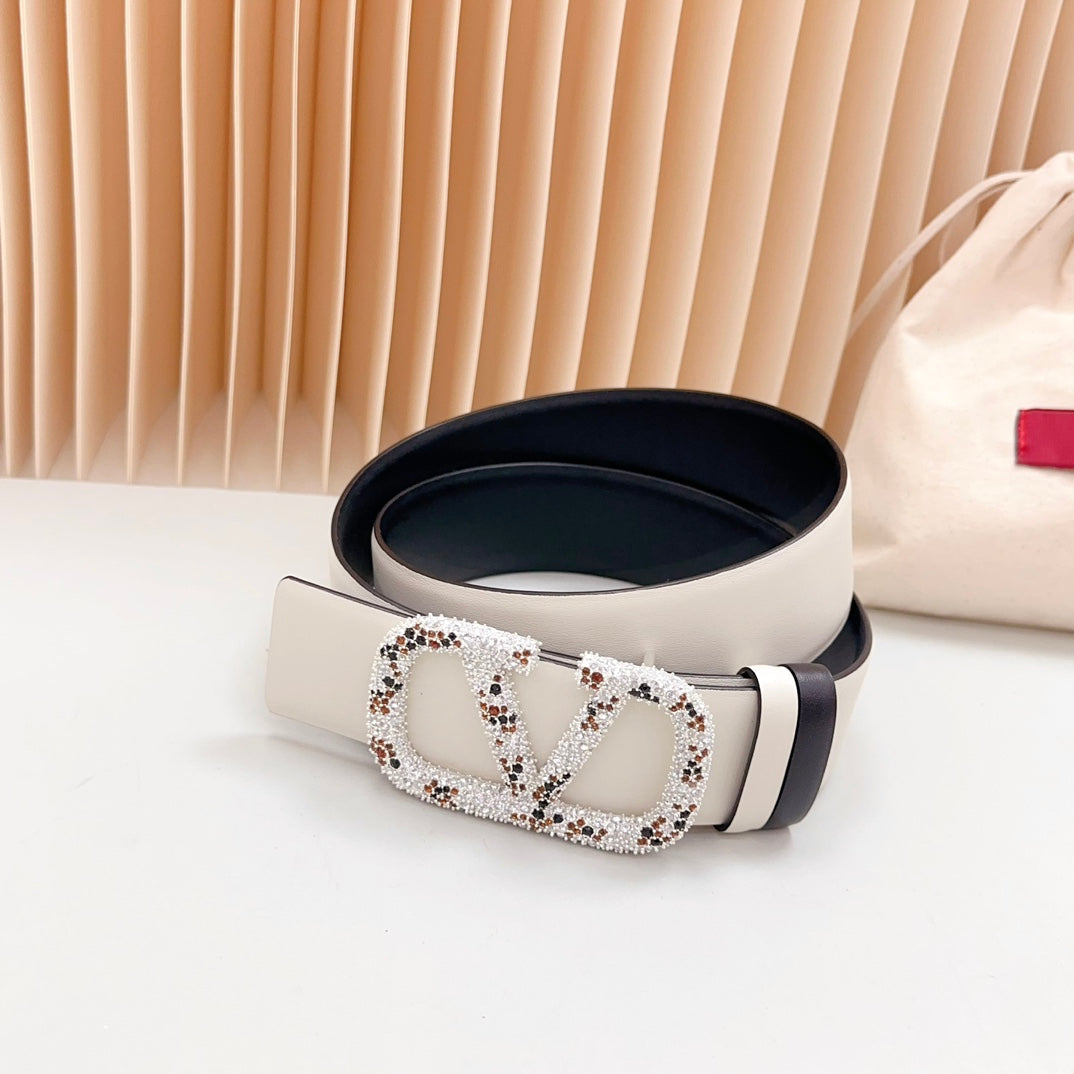 Vlogo Brown Black White Stone Silver Buckle Belt 40mm Black White Leather