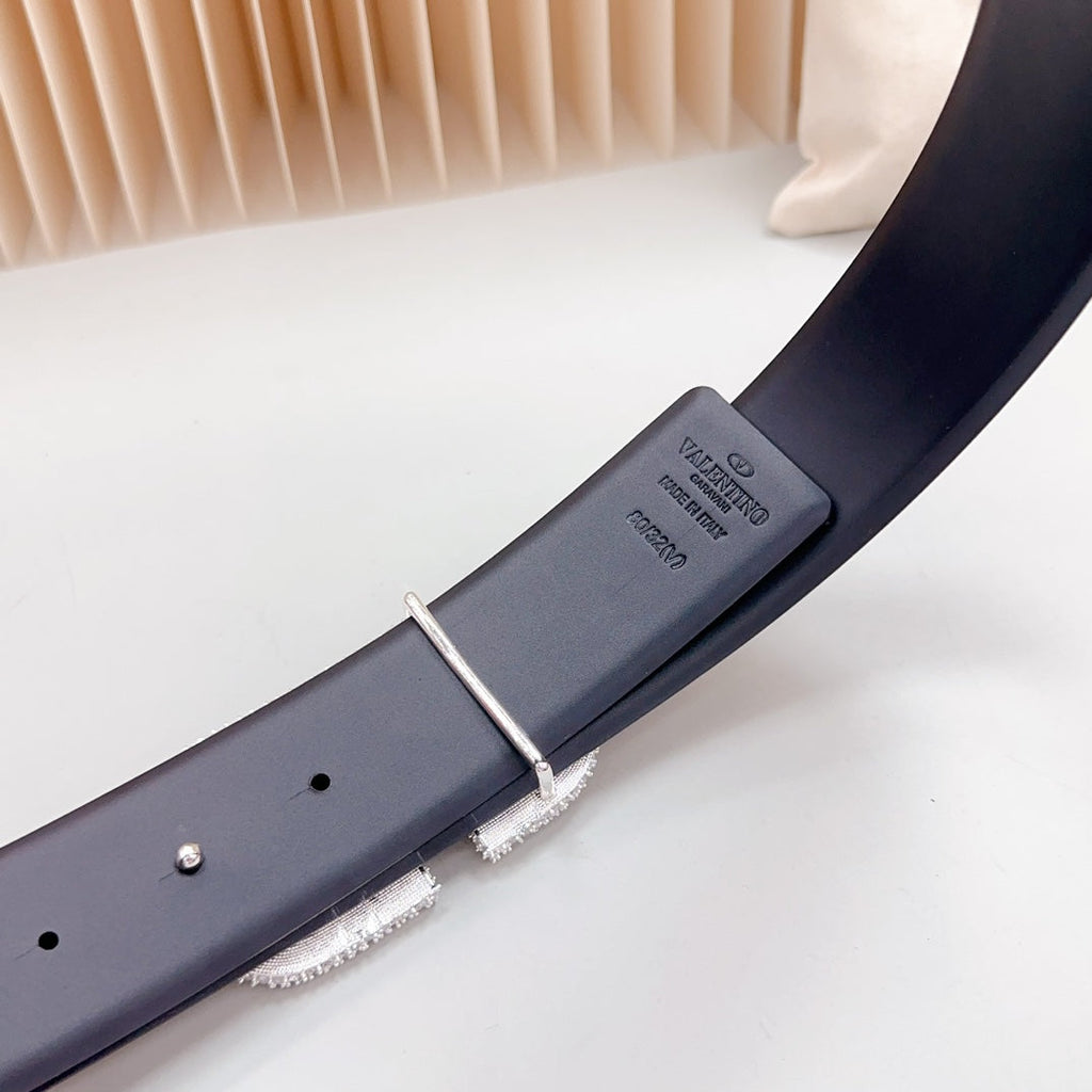 Vlogo Brown Black White Stone Silver Buckle Belt 40mm Black Leather