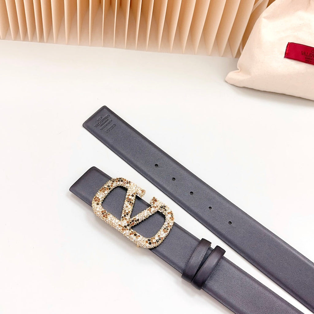 Vlogo Brown Black White Stone Gold Buckle Belt 40mm Black Leather