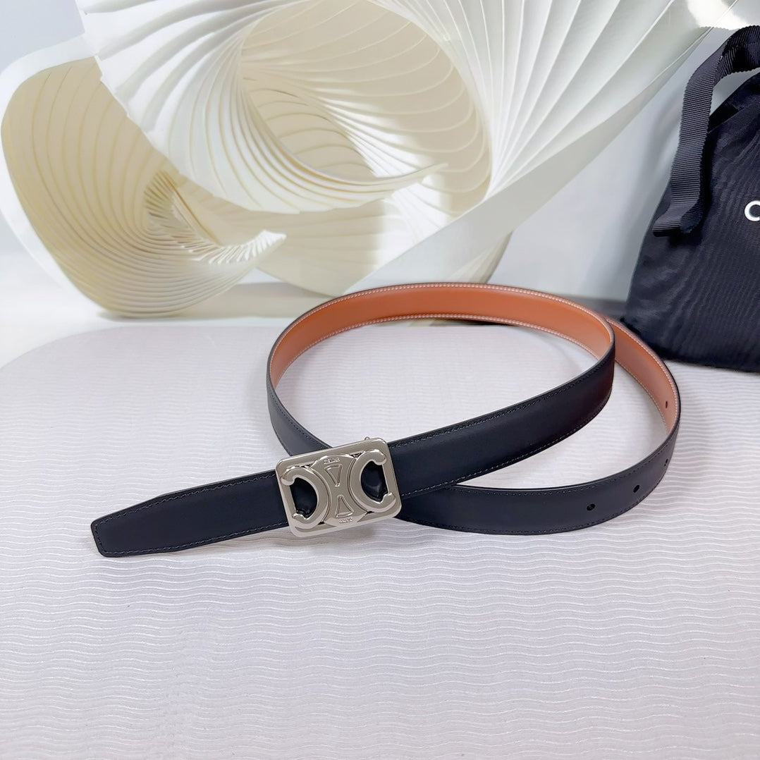 CL MEDIUM 25 MM REVERSIBLE FRAMED TRIOMPHE BELT BLACK AND BRONZE BROWN CALFSKIN SILVER HARDWARE