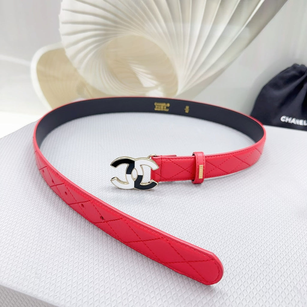 CC BELT 30 MM CHERRY RED CALFSKIN WITH BLACK MIX WHITE LOGO
