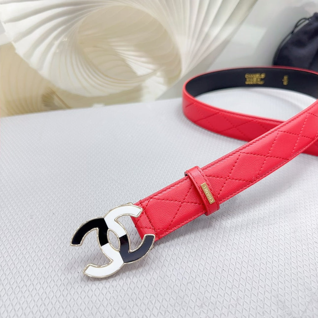 CC BELT 30 MM CHERRY RED CALFSKIN WITH BLACK MIX WHITE LOGO
