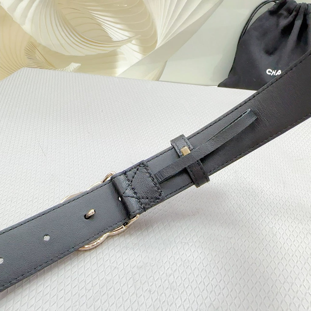 CC BELT 30 MM BLACK CALFSKIN WITH BLACK MIX WHITE LOGO